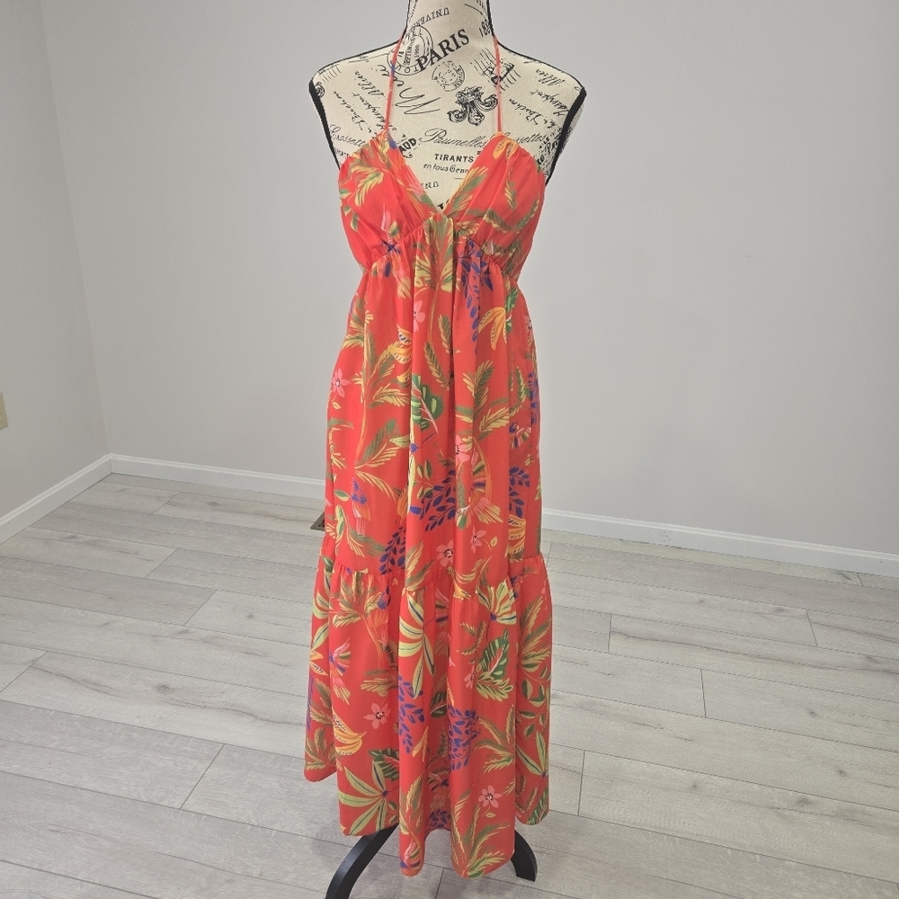 Chelsea & Violet Orange Tropical Print Spaghetti Strap Maxi Dress Size 2 - Picture 2 of 10